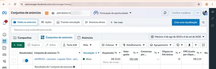 A campanha sendo montada no Gerenciador de Anúncios